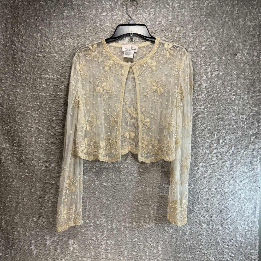 Laurence Kazar Vintage Sheer Beige Beaded Bolero Jacket Top L Preppy Cocktail